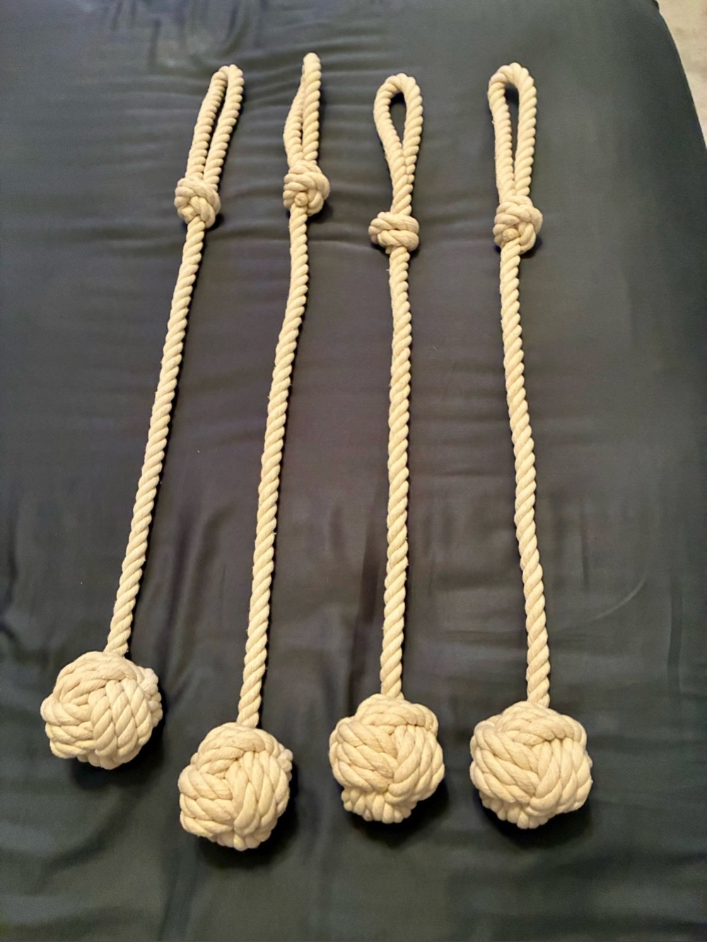 Nautical Cotton Rope Monkey Fist Knot Curtain Tiebacks – White, Set of 4